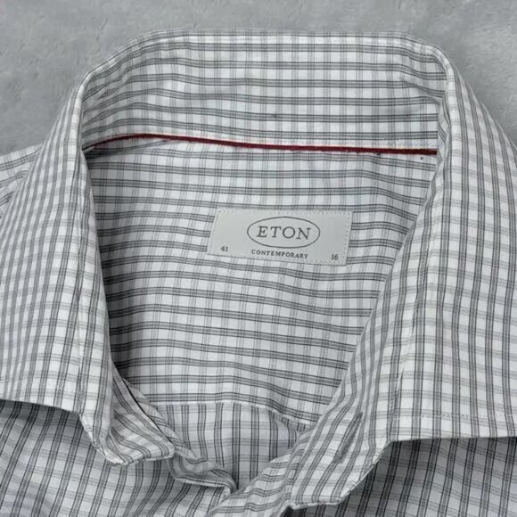 Eton Contemporary Fit Check Dress Shirt Gray White Men Size 41/16 Luxury Cotton - Picture 4 of 9
